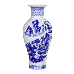 青花瓷釉中彩山水花鸟陶瓷器景德镇大号客厅玄关鲜花瓶装饰品摆件