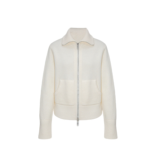 嫚渡|100%山羊绒翻领长袖双开拉链口袋白色短款山羊绒开衫外套