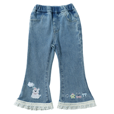女童春秋装洋气花边牛仔喇叭裤
