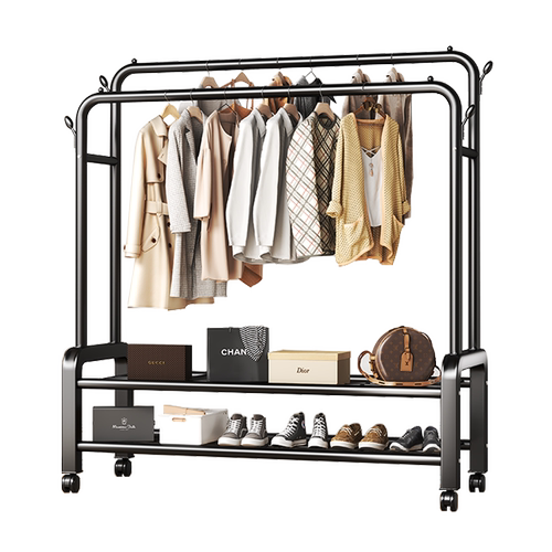 晾衣架落地家用卧室挂衣架宿舍室内双杆双层晒衣服架子简易凉衣杆