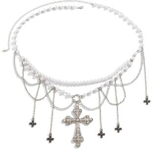 欧美复古时尚个性网红搭配连衣裙饰品潮 流苏十字架仿珍珠腰链女