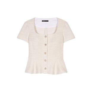 Maje2025春夏女装法式时尚淡褐色U型领短袖荷叶边设计短款上衣