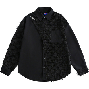 新中式不规则拼接流苏设计感长袖衬衫男国潮中国风高级感衬衣外套