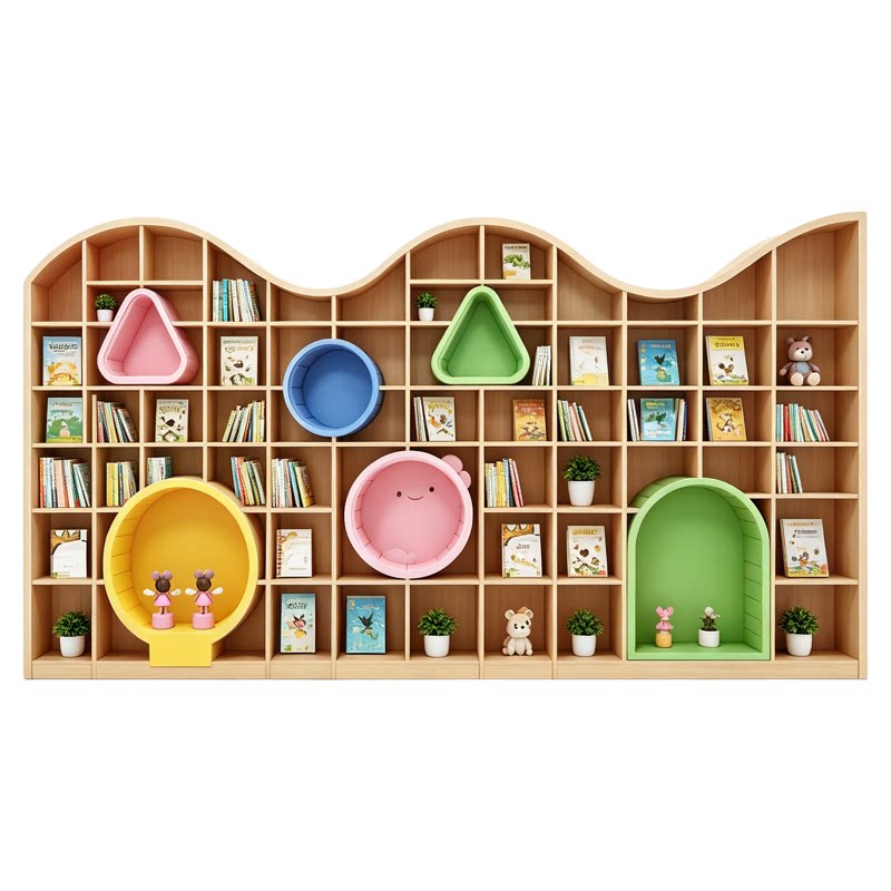 定制幼儿园图书馆异形坐凳书架