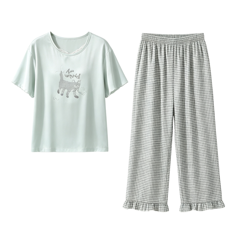 猫人带胸垫睡衣女夏季莫代尔棉凉感短袖七分裤宽松大码家居服套装