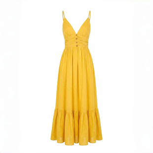 入夏INSUMMER 2026新品度假风芒果黄露背吊带连衣裙 自带胸垫长裙