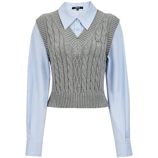 ONLY2025秋季新款高智感绞花针织马甲拼接复古学院假两件衬衫女