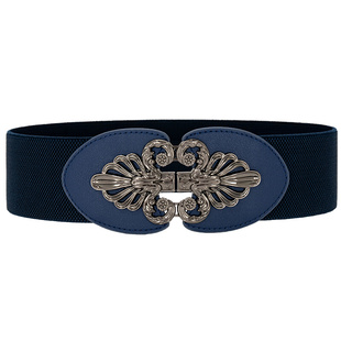 时尚复古松紧宽腰封配裙子连衣裙腰带女款装饰藏青色蓝色弹力皮带