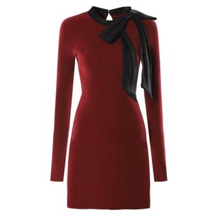 DPLAY秋季法式风撞色圆领长袖修身短款红色针织连衣裙女