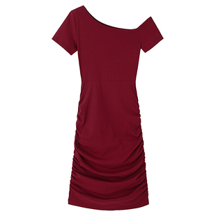 斜肩露肩连衣裙性感女装夜店御姐风露背抽褶修身显瘦包臀辣妹裙子