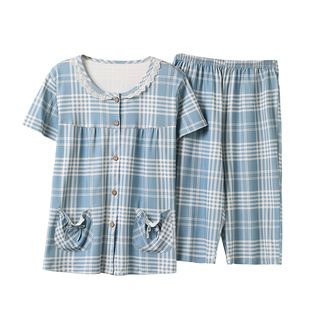 夏季睡衣女士薄款短袖七分裤纯棉圆领开衫加肥大码中年妈妈家居服