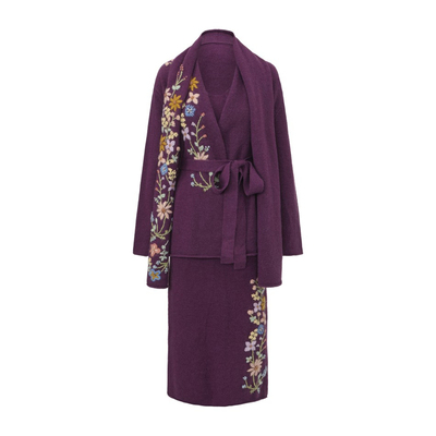 脸儿艺 手工刺绣花枝 杏色 紫色 连衣裙上衣围脖 森系复古三件套