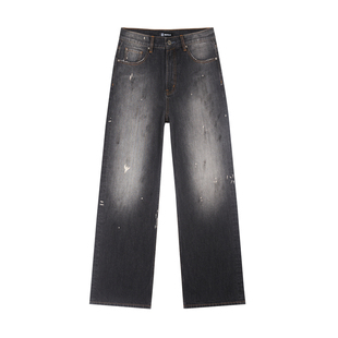 ROUTE66黑色直筒牛仔裤2026新款水洗做旧泼墨宽松长裤男女同款