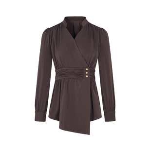 郁香菲V领衬衫女优雅通勤秋季时尚设计感收腰显瘦长袖休闲上衣