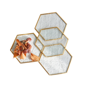 北欧风六边形铜条海棠花纹玻璃杯垫咖啡杯碟垫盘桌面隔热装饰摆件