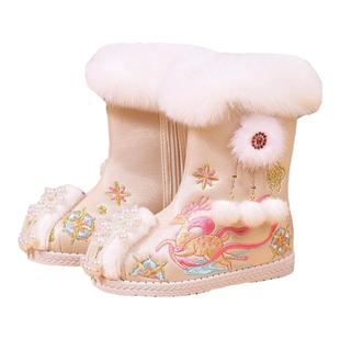 初步生莲汉服鞋子女童冬季加绒古风靴唐装公主鞋儿童拜年棉鞋冬