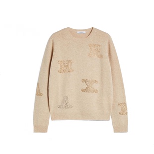 国内现货早春MaxMara经典烫钻字母logo修身圆领毛衣奶杏色羊绒衫