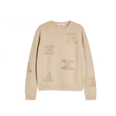 国内现货早春MaxMara经典烫钻字母logo修身圆领毛衣奶杏色羊绒衫