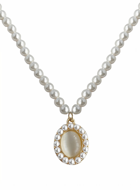法式轻奢玻璃猫眼石珍珠项链