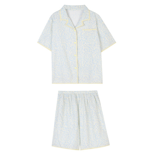 馨帮帮Homedress 甜美风豹纹短袖睡衣女款夏季翻领开衫家居服套装