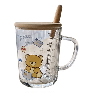 ins玻璃杯卡通印花吸管杯加盖勺刻度牛奶杯高颜值早餐杯可爱礼物
