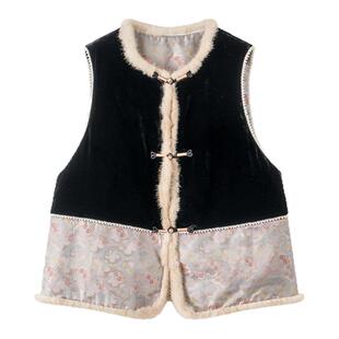 【鸿影】莨西子新中式国风真丝丝绒棉服马甲女宋锦拼接撞色马夹