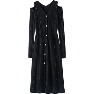 太气质巨美！露肩镶钻100%山羊绒衫女中长款纯羊绒毛衣针织衫秋冬