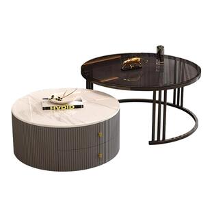 岩板茶几实木客厅家用现代简约新款可伸缩高级感小户型圆形茶桌