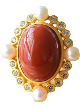 中国风镀金戒指女镶嵌仿青金宝石蛋面搭配珍珠高级感开口气质指环