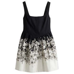 HM女装连衣裙春季露背方领度假吊带设计感碎花裙1273504