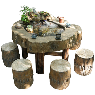 水磨坊庭院仿木桩流水茶桌椅组合一桌五椅功夫茶几微景观养鱼茶台