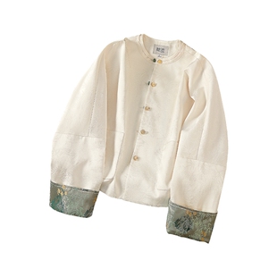 她池新中式外套2026春装新款女装国风圆领撞色拼接长袖宽松款上衣