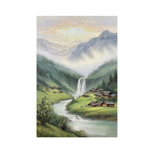 手绘油画高山流水生财客厅装饰画旭日东升瀑布聚宝盆入户玄关挂画