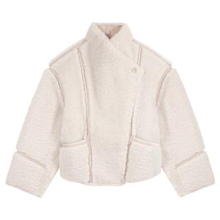 Maje秋冬女装法式温柔风时尚简约拼接立领短款宽松休闲毛绒外套