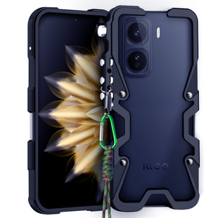 适用于iQOONeo11新款金属边框式手机壳防摔铝合金保护套机械臂复古挂绳镂空透气散热硬外壳简约潮男包边中框