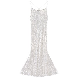 流光银法式晚礼服高端轻奢亮片连衣裙年会party吊带礼裙鱼尾长裙