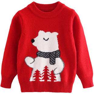 男童羊毛衫儿童圆领套头毛衣宝宝羊绒衫卡通长袖针织打底衫大红色