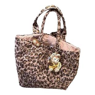 毛绒绒粉色豹纹托特包包女2025新款韩系冬天通勤百搭单肩包大容量