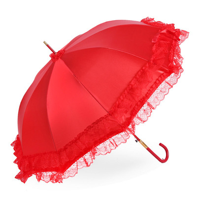 结婚雨伞红色长柄蕾丝红伞