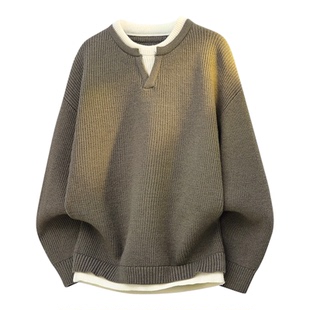 花花公子日系灰色毛衣男生秋冬季新款假两件针织衫高级情侣外套男