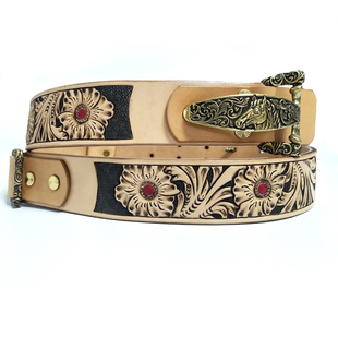 手工定制美国鞍革原色养牛皮带马头唐草黄铜扣古装骑兵束腰带加长