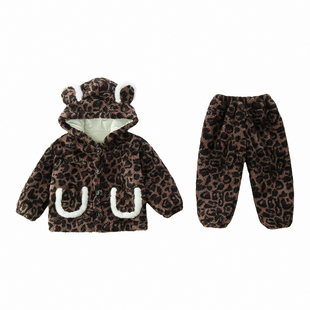 女童三层夹棉家居服冬季女孩豹纹公主加厚睡衣女宝宝珊瑚绒套装冬