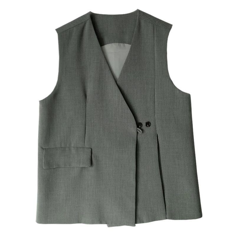 复古V领灰色西装马甲女春秋2025新款开叉无袖背心设计感小众坎肩