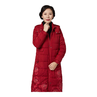 葵牌中老年妈妈款羽绒服中长款过膝中式刺绣白鸭绒防寒保暖外套冬