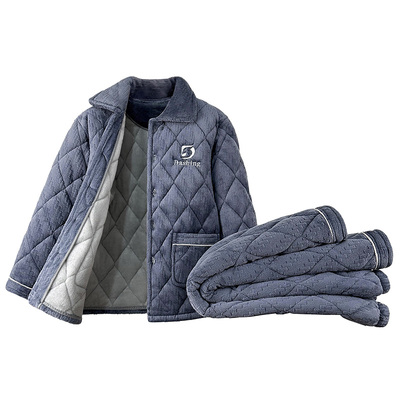 男士睡衣秋冬季中老年人保暖套装