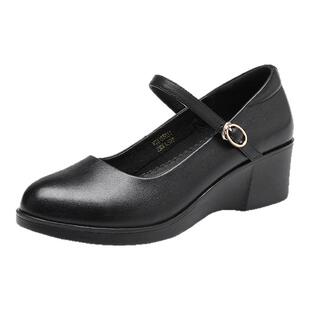 红蜻蜓鞋子玛丽珍女鞋坡跟厚底休闲皮鞋女款新款妈妈单鞋真皮夏季