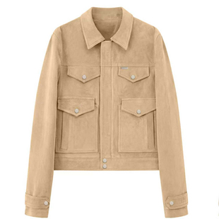SYMOCOLOR 老钱风多口袋麂皮绒翻领短款外套女工装夹克复古卡其色