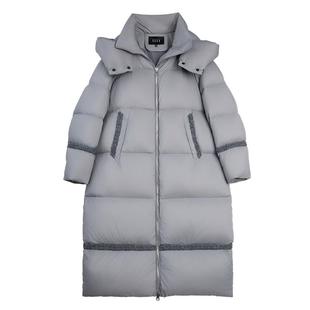 ELLE90白鸭绒灰色连帽立领长款羽绒服女2025冬新款高充绒保暖外套