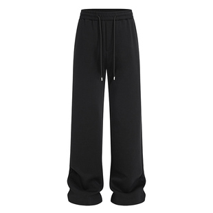 CHAN MONTH美式黑色垂感宽松直筒卫裤男款秋冬加绒休闲抽绳长裤子