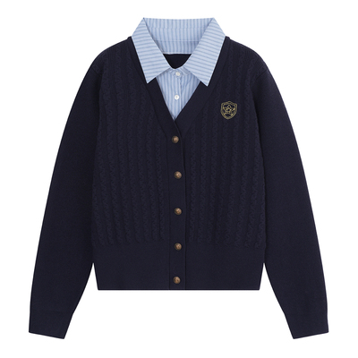 YUZI大码学院风假两件针织开衫女